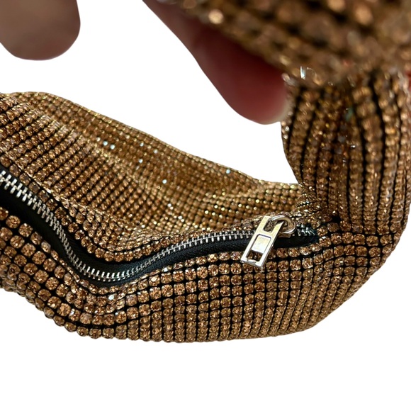 Gold Rhinestone Knot Handle Shoulder Bag Y2K Holiday Party Evening Purse - Picture 5 of 11